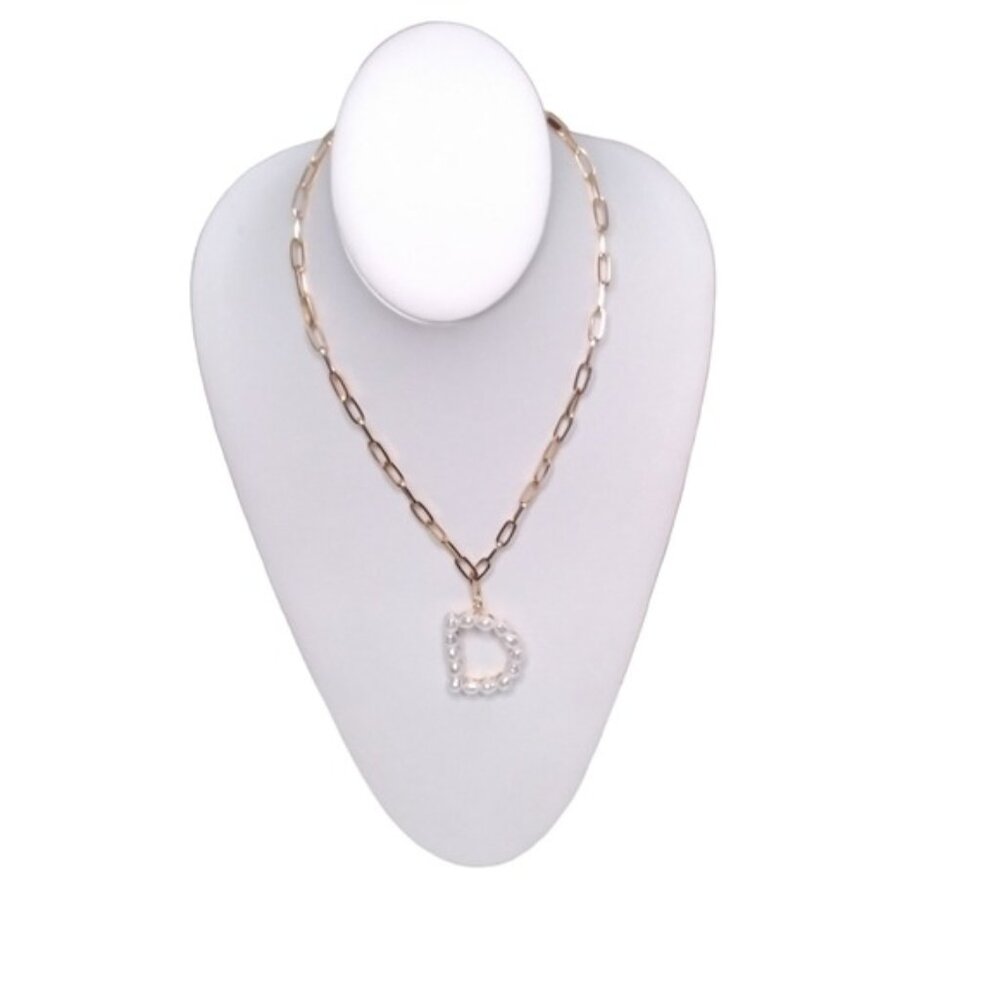 Dvacaman Pearl Initial D Paperclip Chain Necklace 18" With Extender